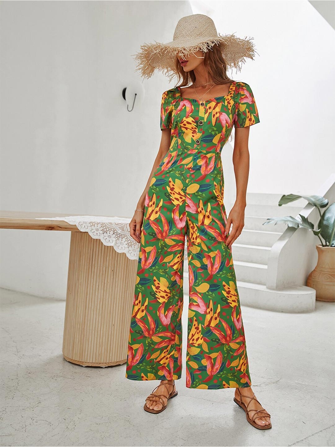 

StyleCast Green & Yellow Floral Printed Basic Jumpsuit