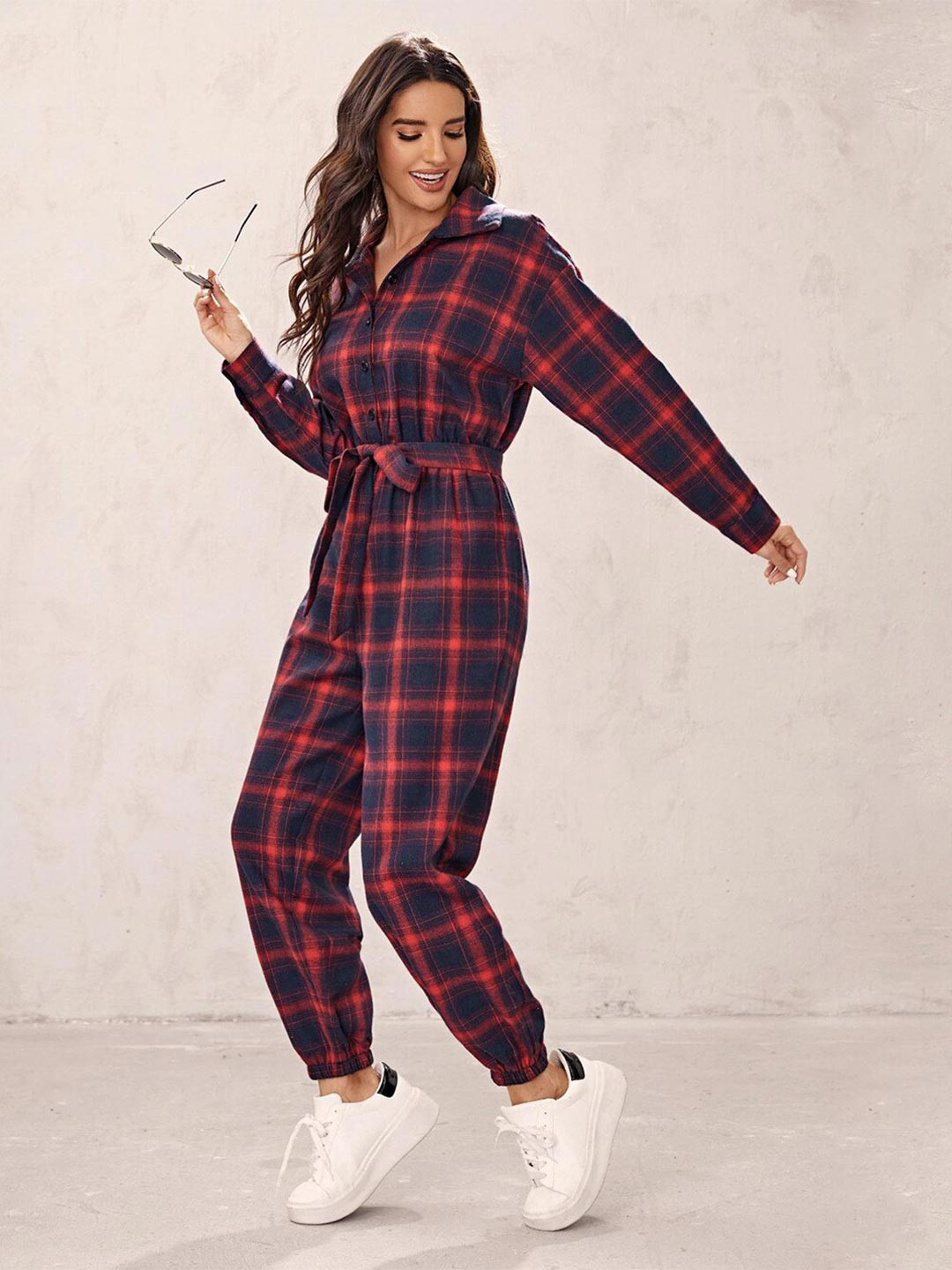

StyleCast Red Checked Shirt Collar Waist Tie-Ups Basic Jumpsuit