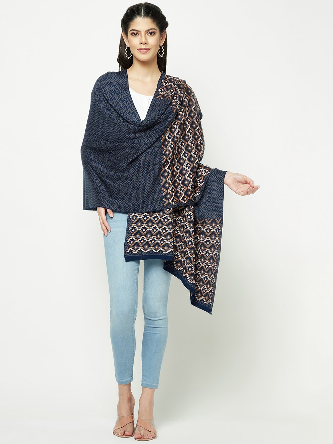 

Knitstudio Geometric Self Design Knitted Shawl, Navy blue