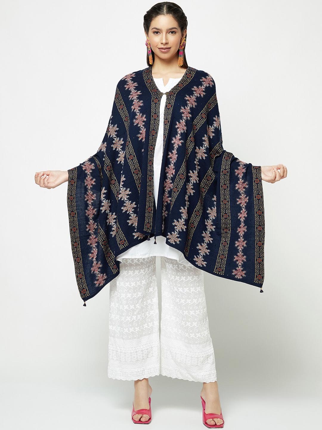 

Knitstudio Ethnic Motif Woven Design Wool Acrylic Shawl, Navy blue