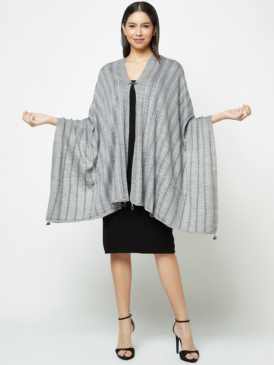 

Knitstudio Self-Design Striped Wool Acrylic Shawl, Grey