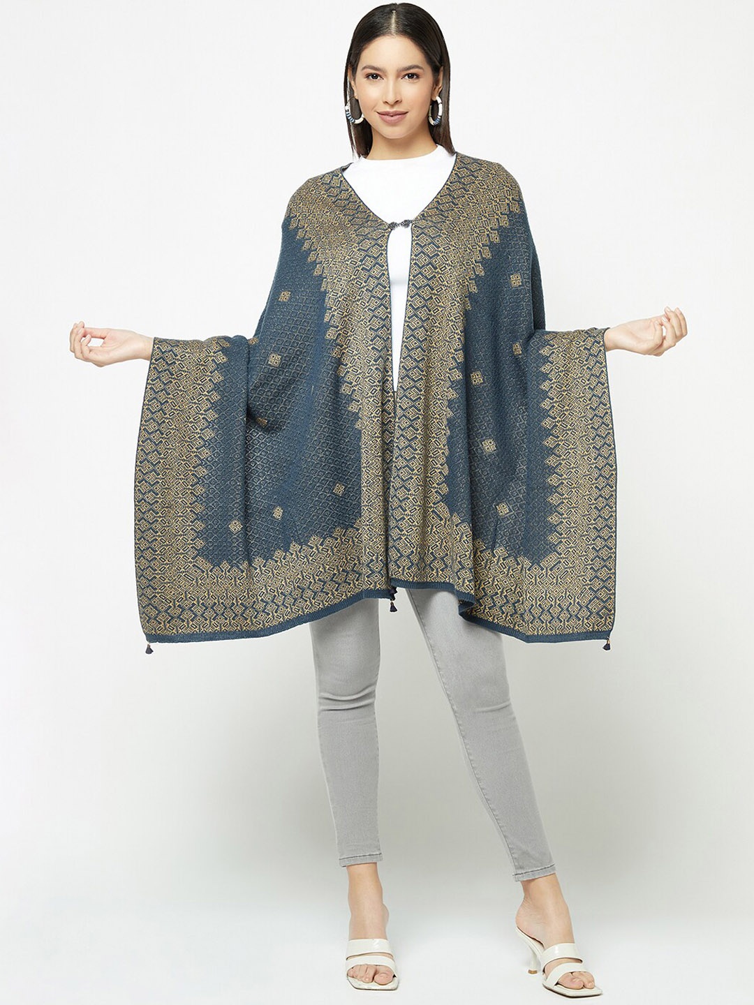 

Knitstudio Ethnic Motif Woven Design Wool Acrylic Shawl, Teal