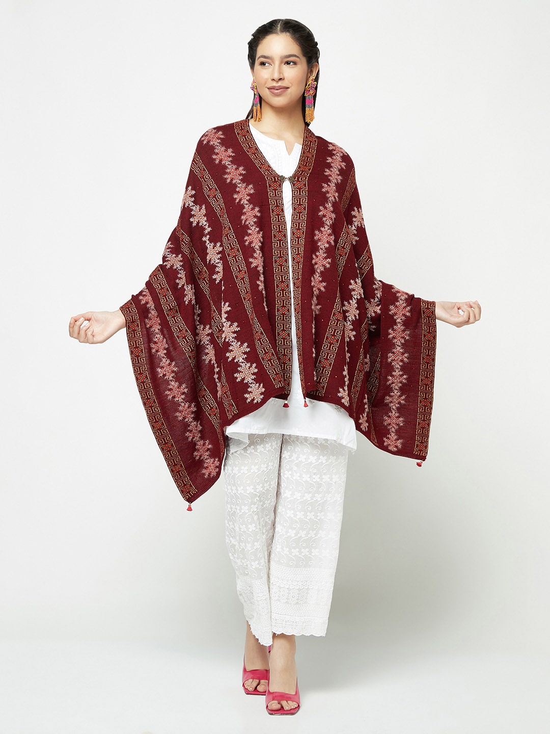 

Knitstudio Geometric Self Design Knitted Shawl, Maroon