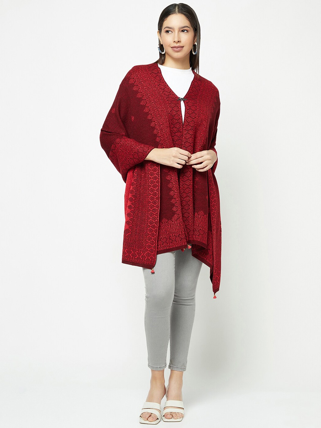 

Knitstudio Ethnic Motifs Woven Design Shawl, Maroon