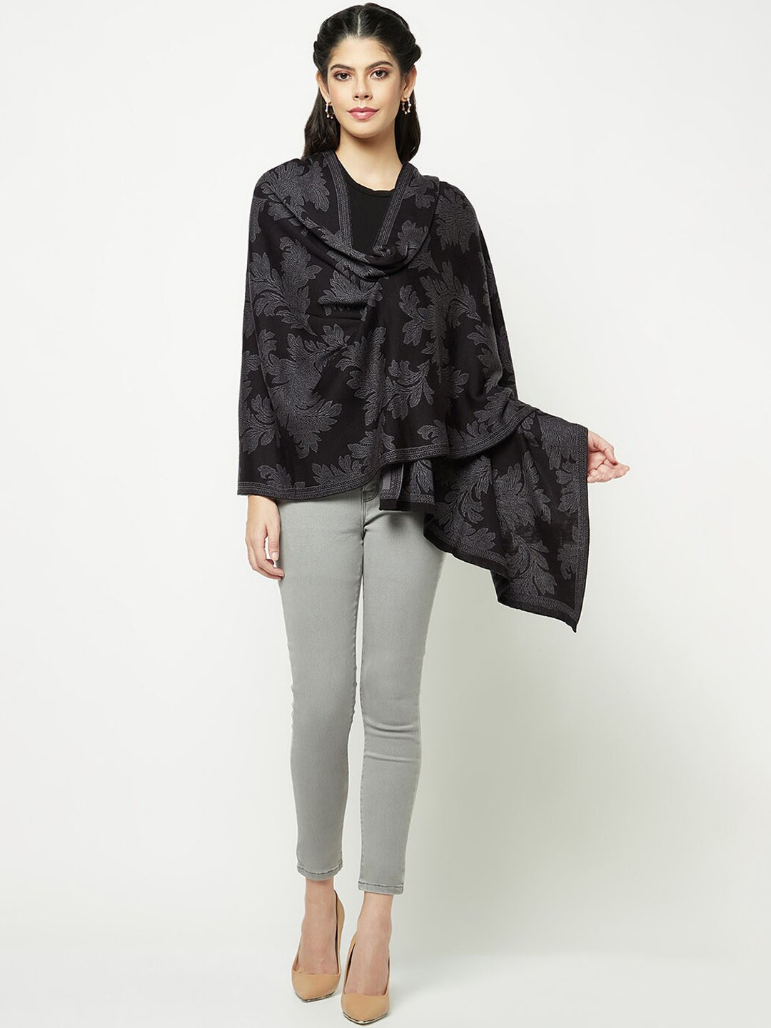 

Knitstudio Floral Woven Design Shawl, Black