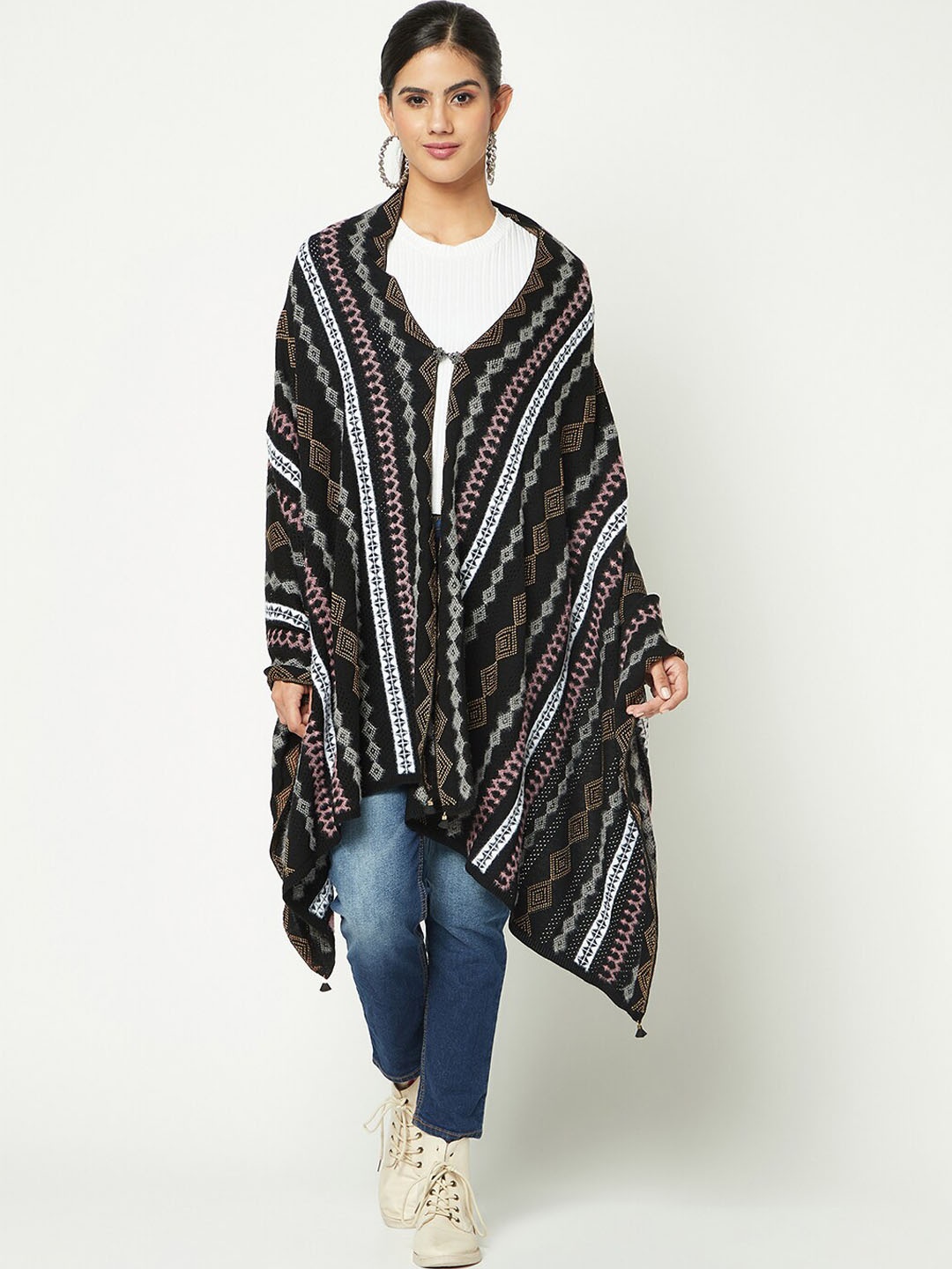

Knitstudio Tribal Woven Design Acrylic Woollen Shawl, Black