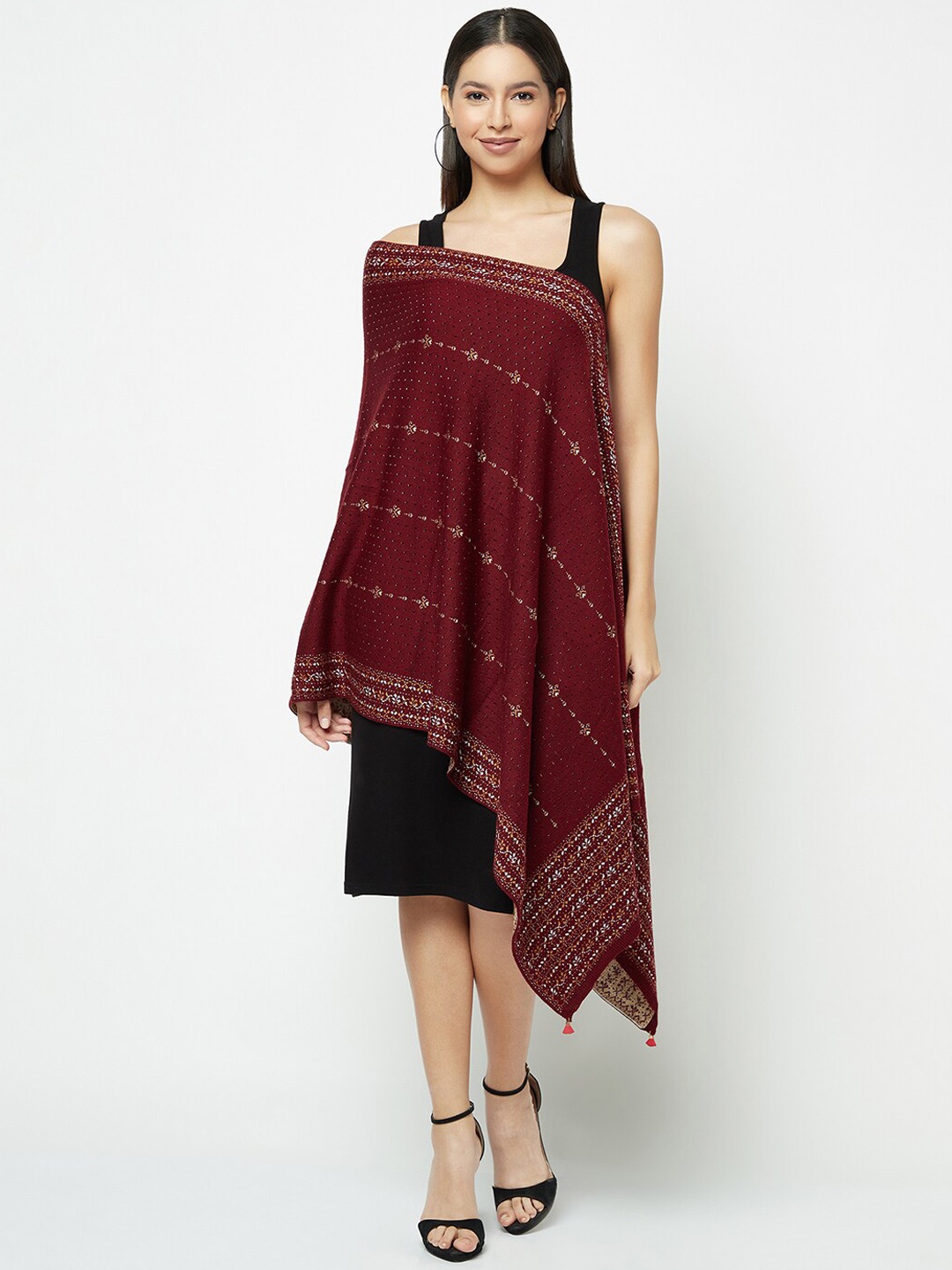 

Knitstudio Floral Woven Design Acrylic Woollen Shawl, Maroon