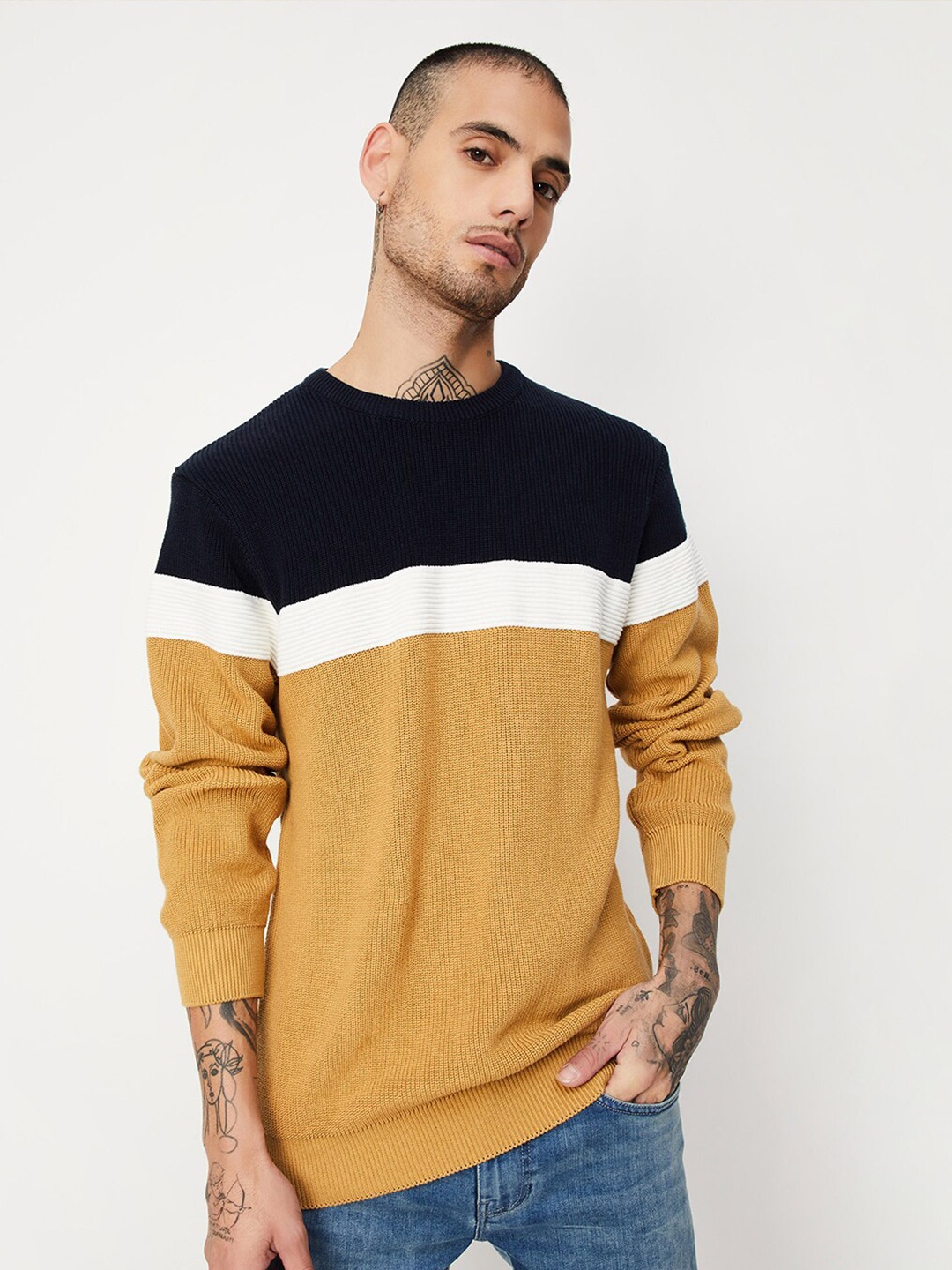 

max Colourblocked Cotton Pullover Sweater, Khaki