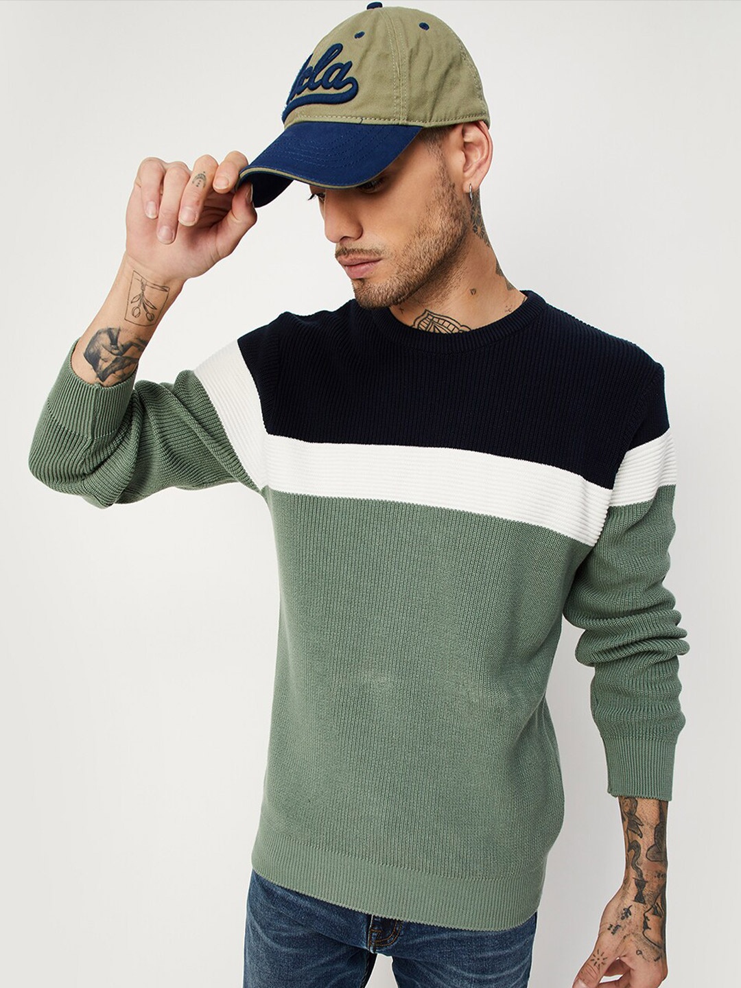 

max Colourblocked Pure Cotton Pullover Sweater, Green