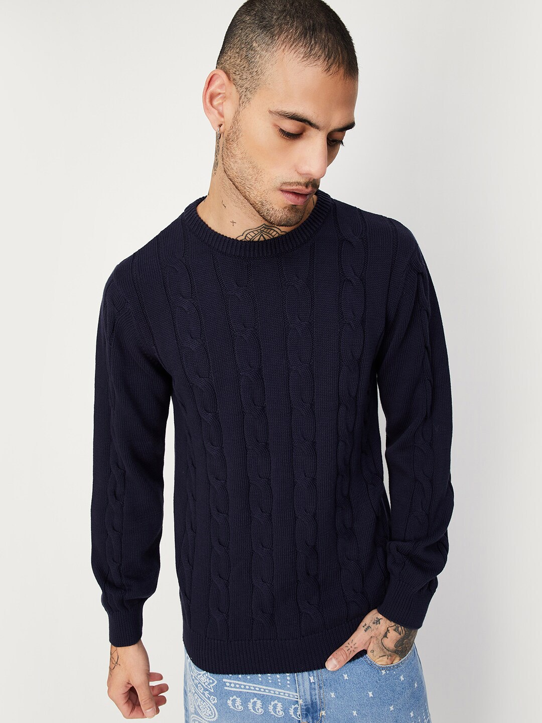 

max Cable Knit Pure Cotton Sweater, Navy blue