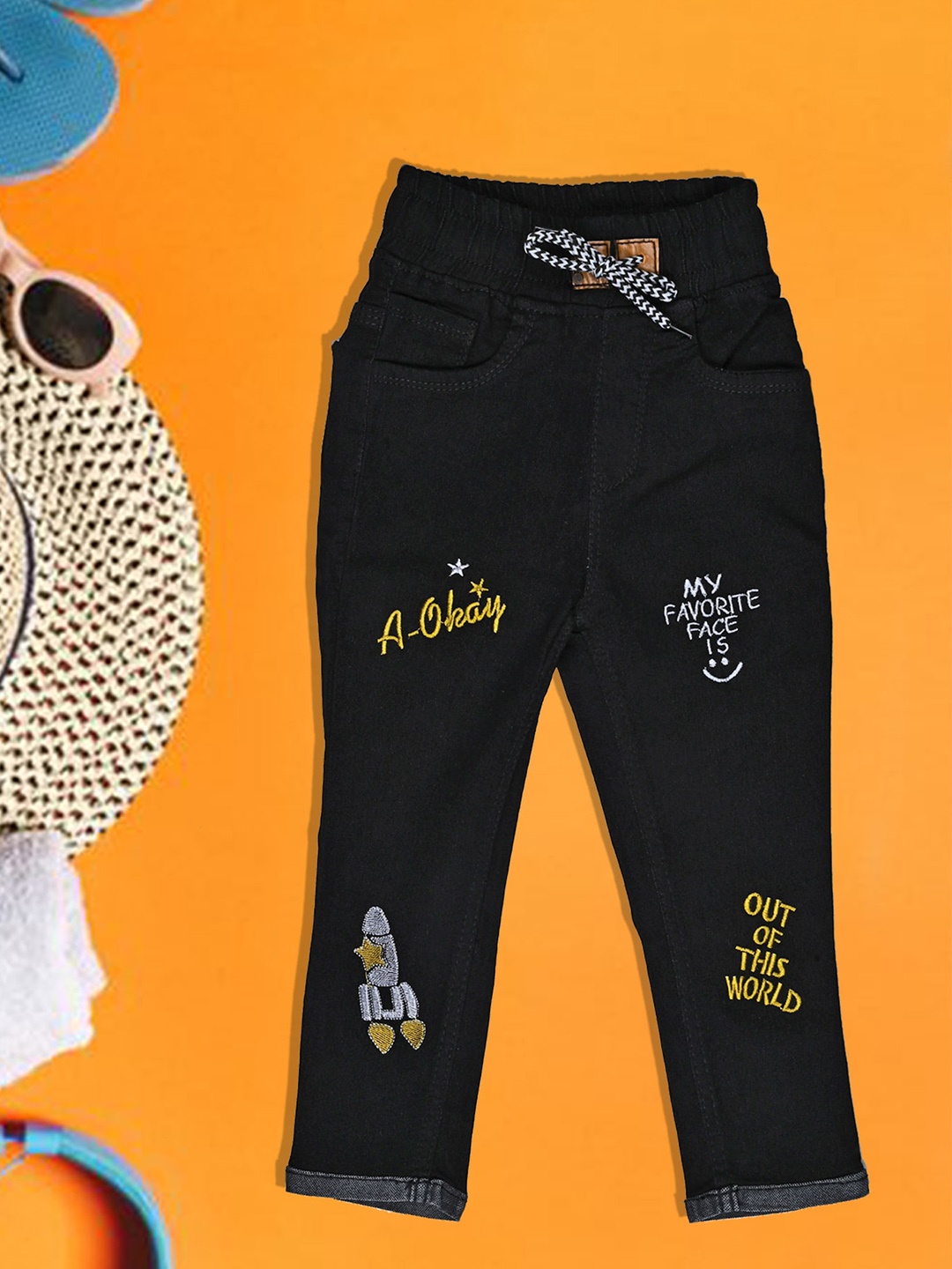 

A-Okay Kids Typography Embroidered Slim Fit Cotton Jeans, Black