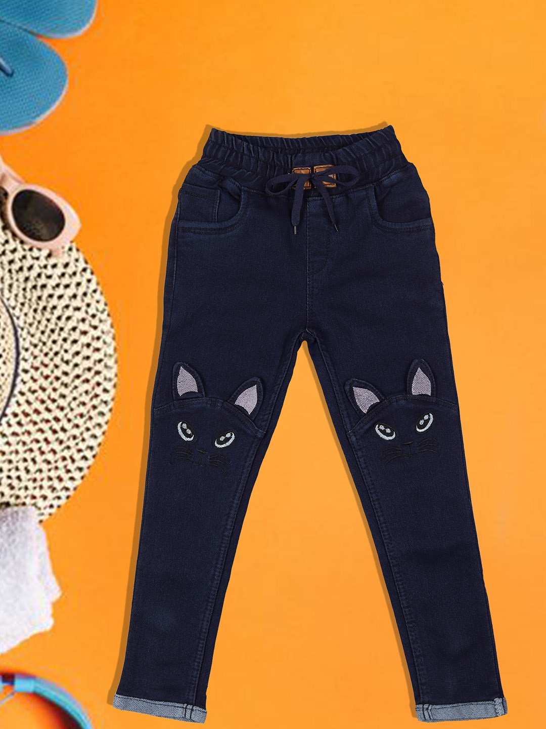 

A-Okay Kids Embroidered Slim Fit Easy Wash Denim Joggers, Navy blue