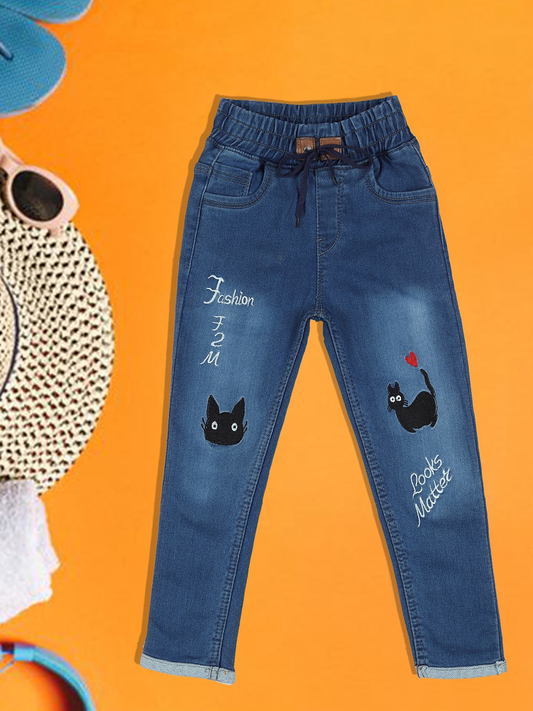 

A-Okay Kids Embroidered Slim Fit Clean Look Cotton Denim Jeans, Blue