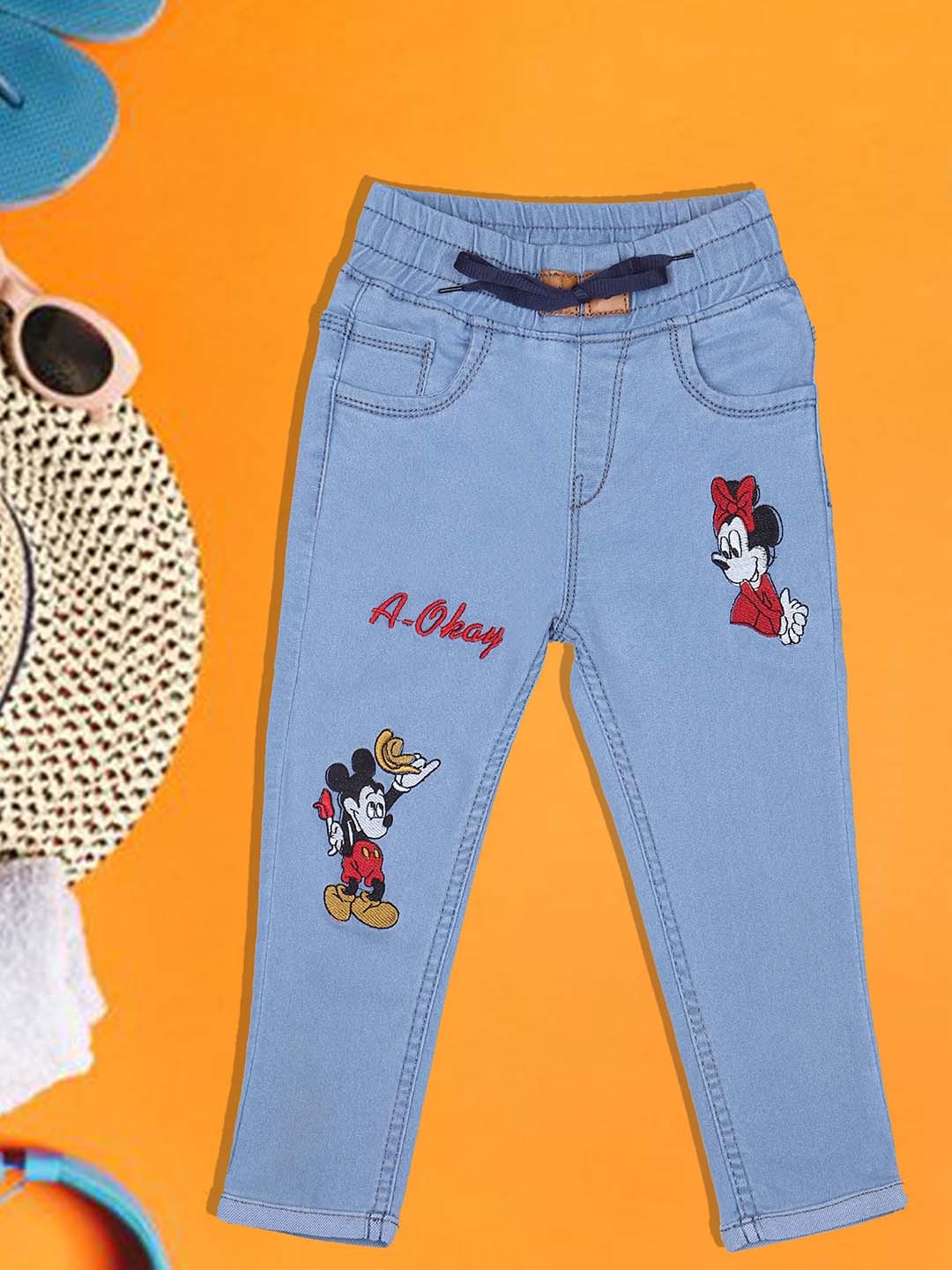 

A-Okay Kids Mickey & Minnie Embroidered Slim Fit Easy Wash Denim Joggers, Blue