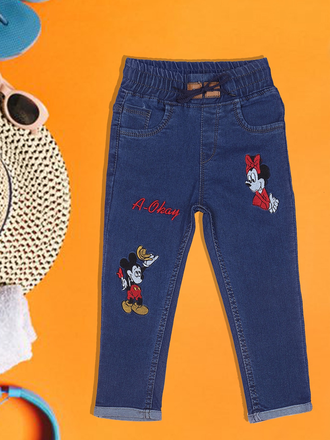 

A-Okay Kids Slim Fit Mid-Rise Mickey Mouse Embroidered Jeans, Blue