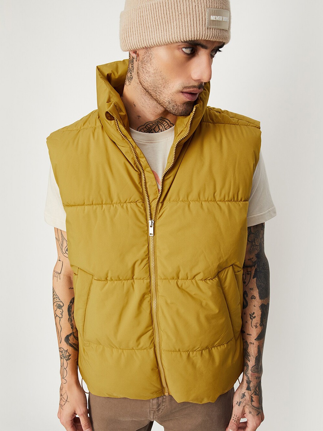 

max Mock Collar Padded Jacket, Yellow