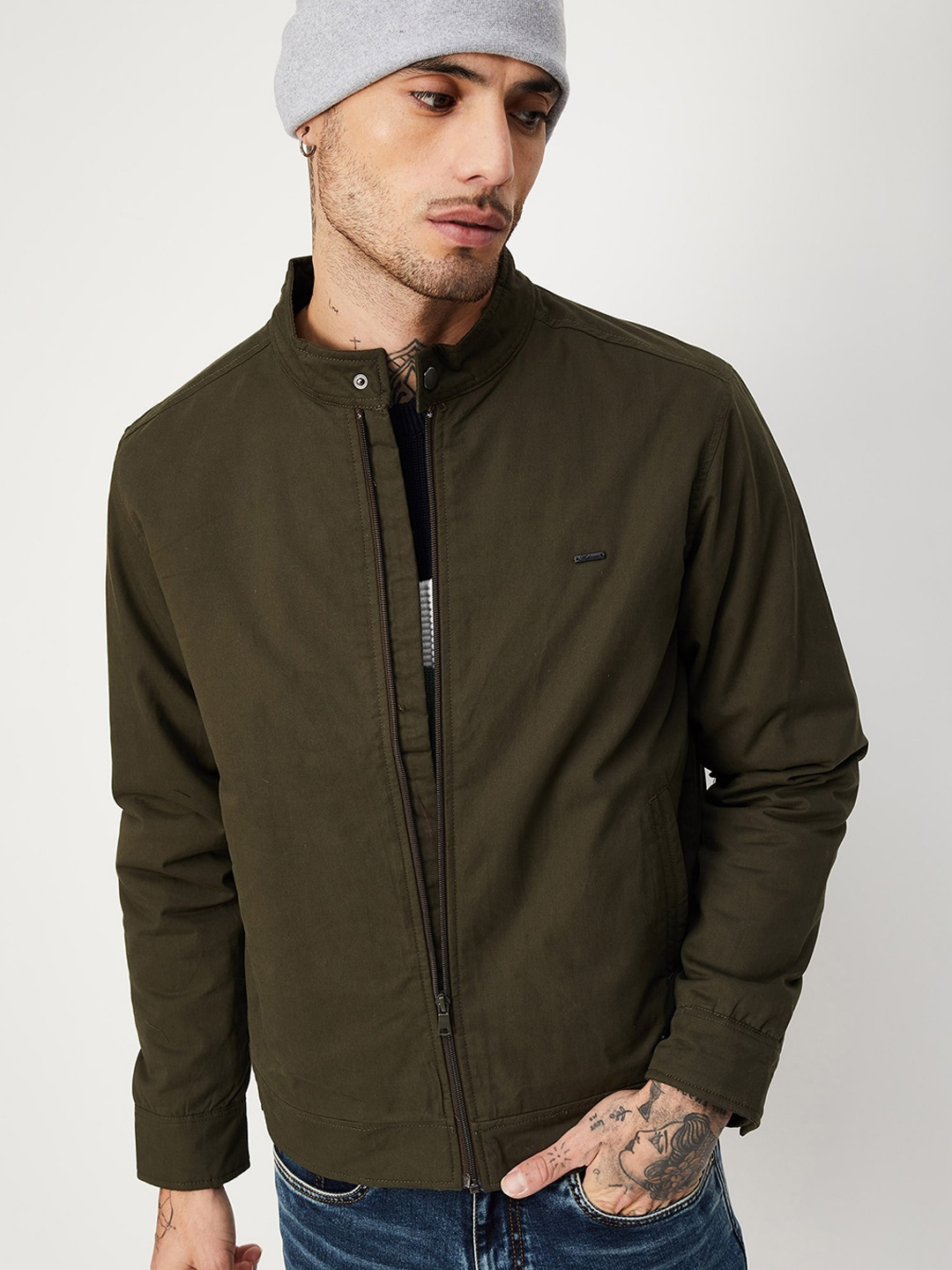 

max Stand Collar Pure Cotton Bomber Jacket, Olive