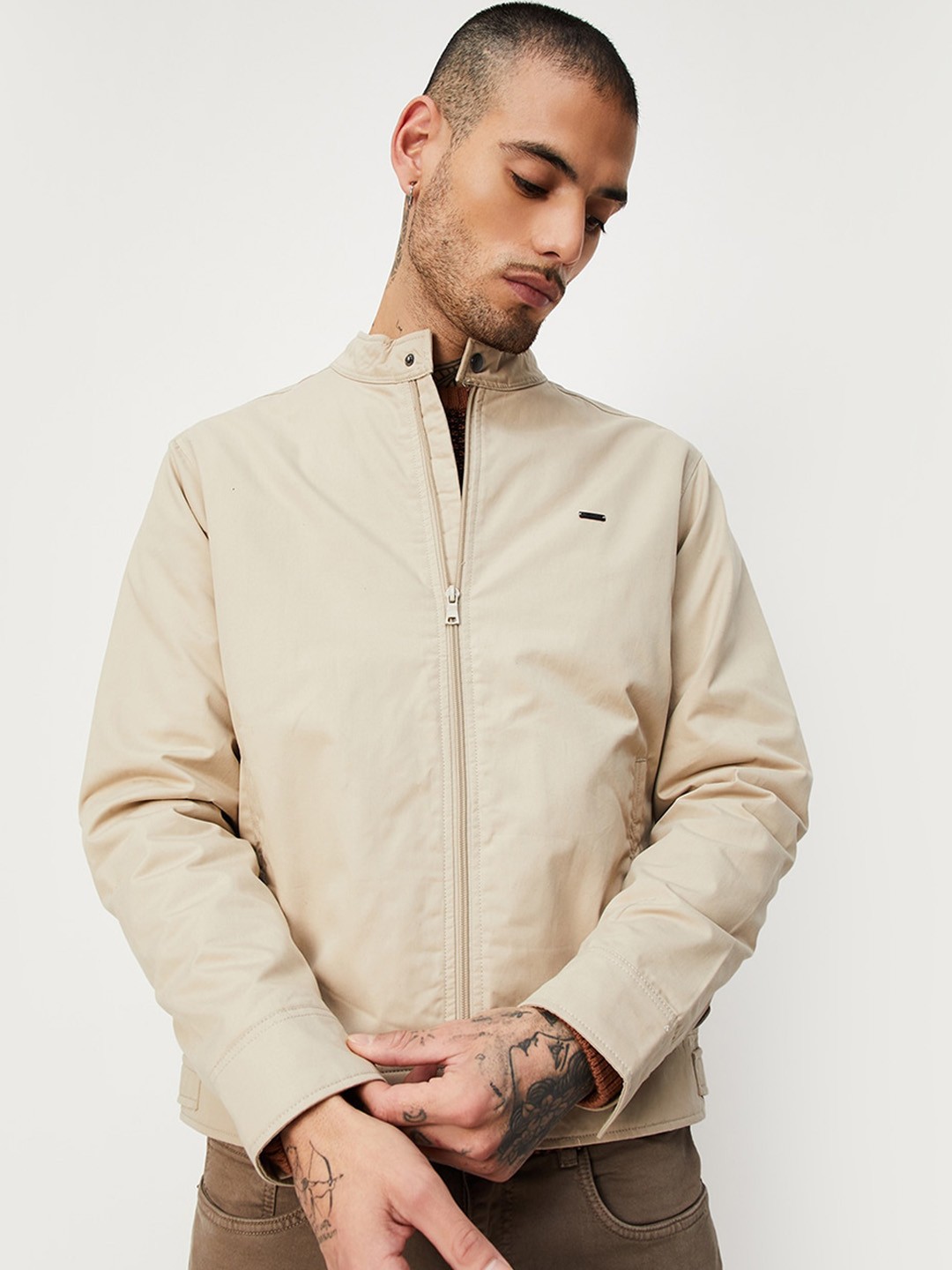 

max Mock Collar Pure Cotton Tailored Jacket, Beige