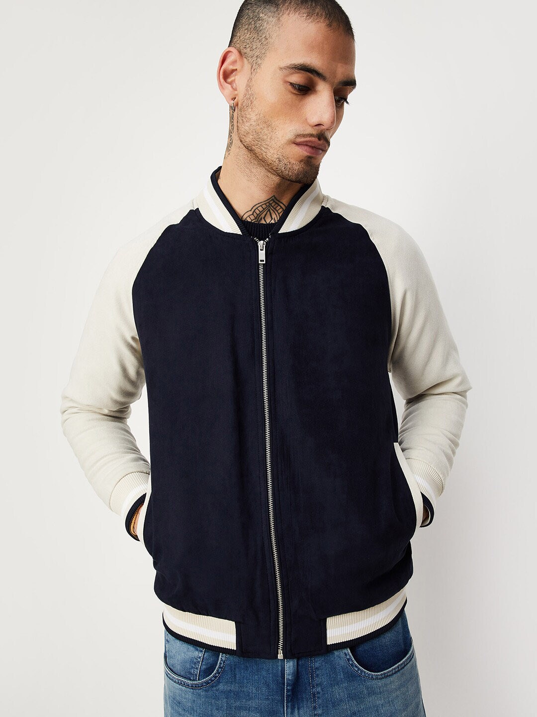 

max Colourblocked Mock Collar Bomber Jacket, Navy blue