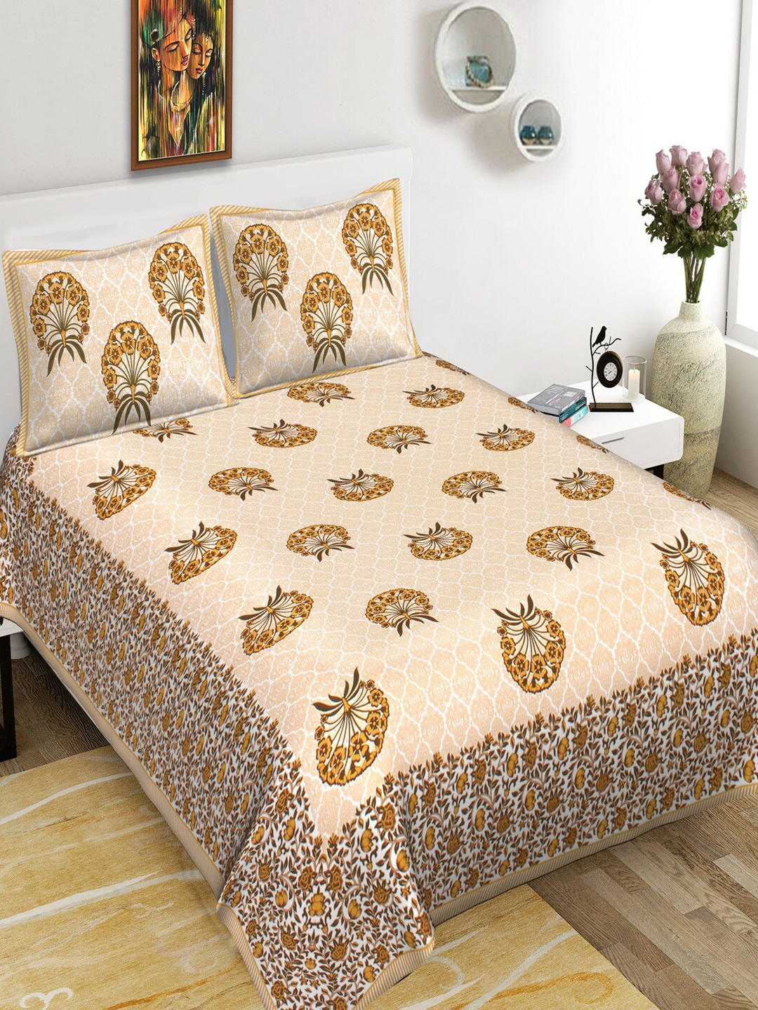 

Qfab Yellow Floral 144 TC King Bedsheet with 2 Pillow Covers