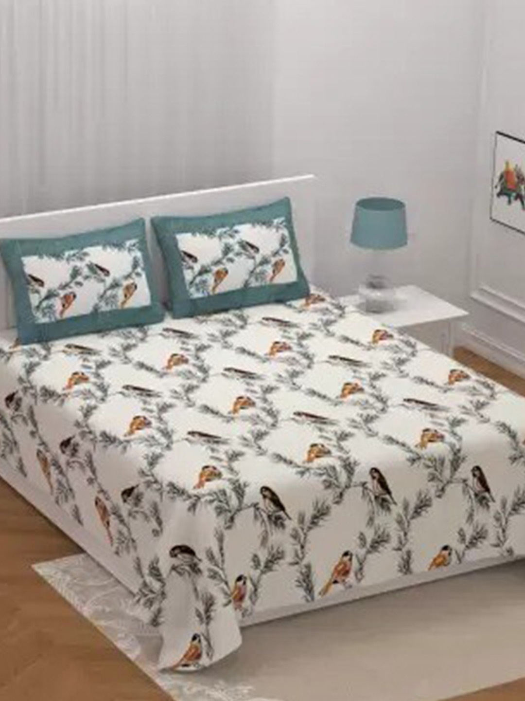 

Qfab Teal Greeen &White Floral Cotton 144 TC King Bedsheet with 2 Pillow Covers