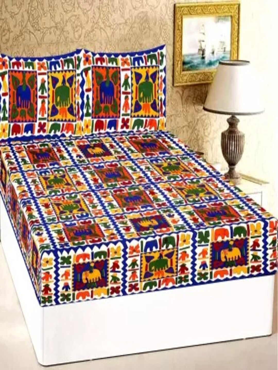 

Qfab Blue& White Ethnic Motifs Cotton 144 TC Queen Bedsheet with 2 Pillow Covers