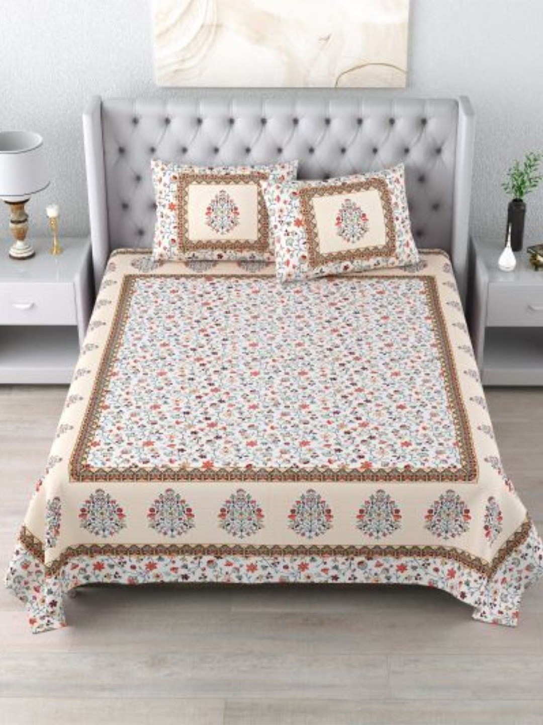 

Qfab Brown & White Floral Cotton 144 TC King Bedsheet with 2 Pillow Covers