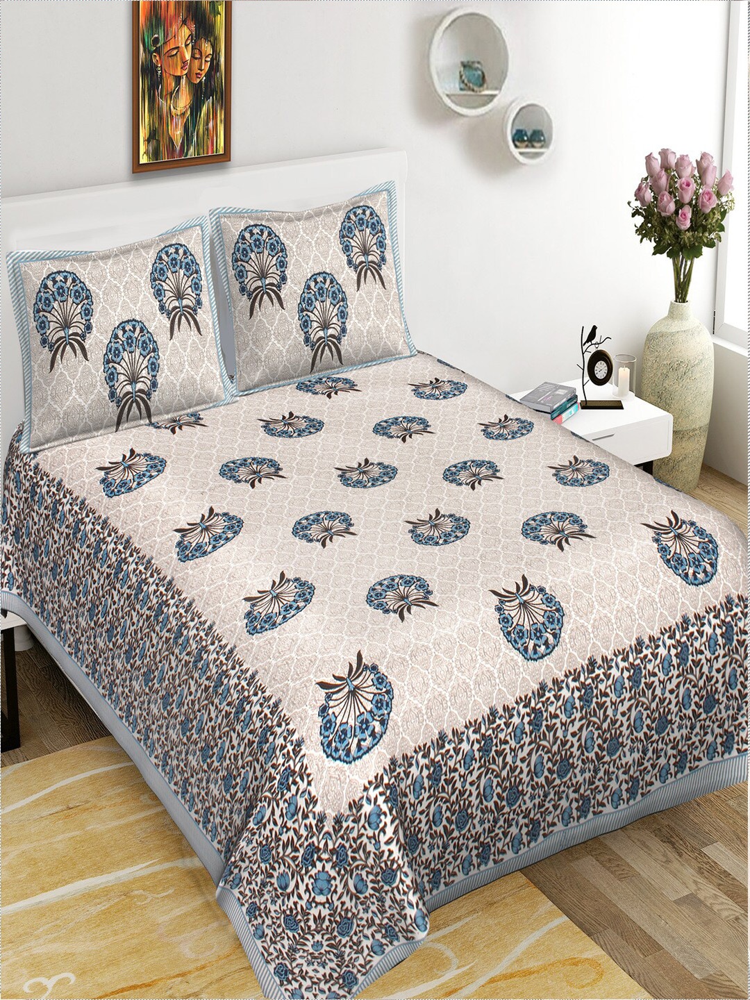 

Qfab Blue& Beige Floral Cotton 144 TC King Bedsheet with 2 Pillow Covers