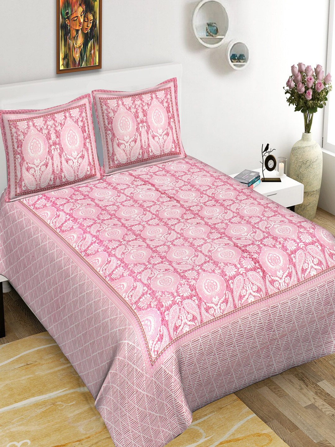 

Qfab Pink & White Floral Cotton 144 TC King Bedsheet with 2 Pillow Covers