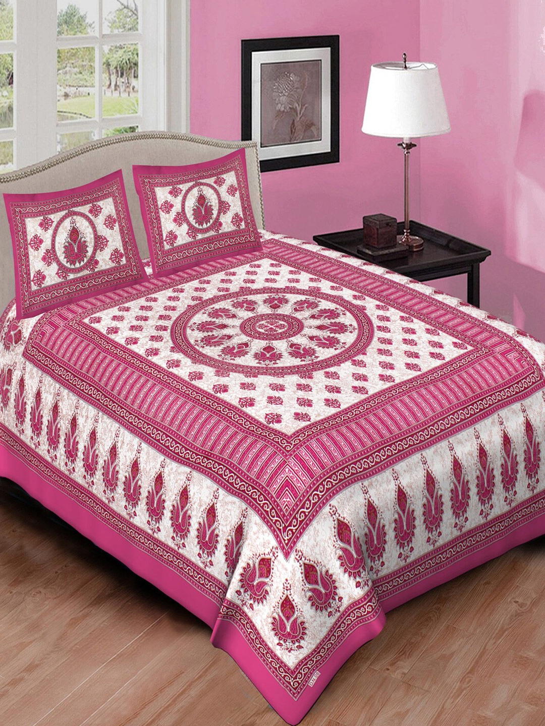 

Qfab Pink & White Ethnic Motifs Cotton 144 TC Queen Bedsheet with 2 Pillow Covers