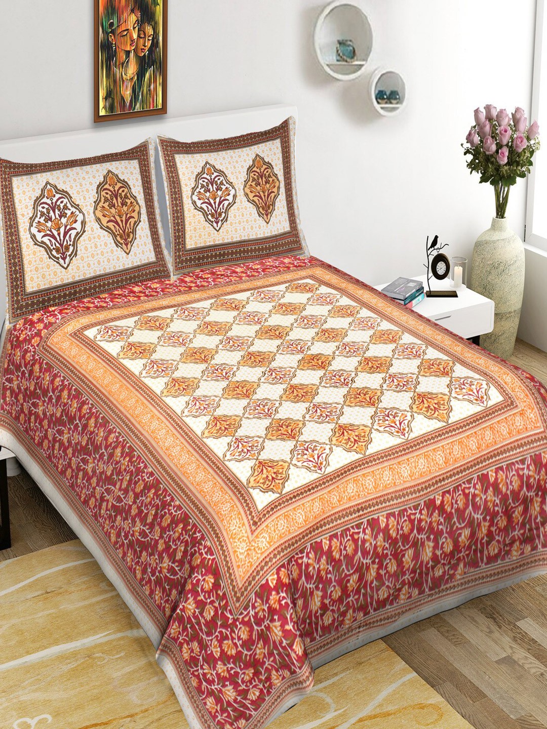 

Qfab Maroon& White Floral Cotton 144 TC Queen Bedsheet with 2 Pillow Covers