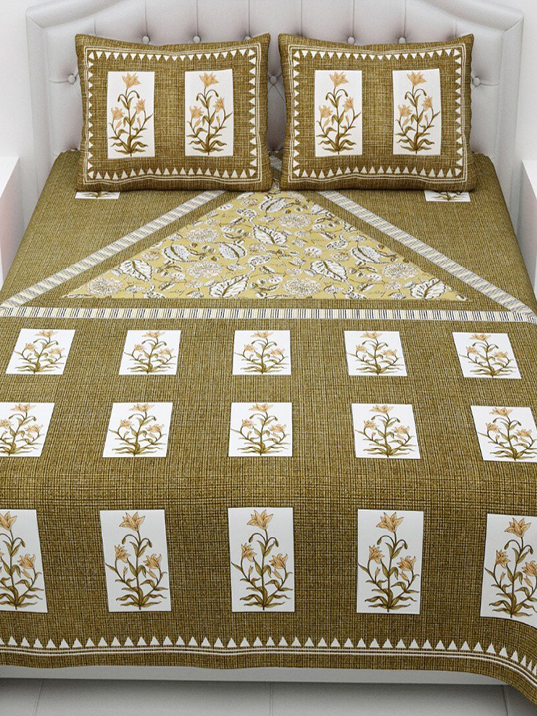 

Qfab Green& White Floral Cotton144 TC King Bedsheet with 2 Pillow Covers