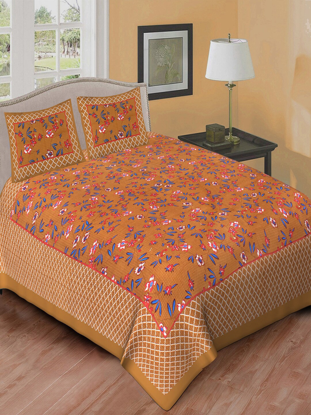 

Qfab Brown & Blue Floral Cotton 144 TC Queen Bedsheet with 2 Pillow Covers