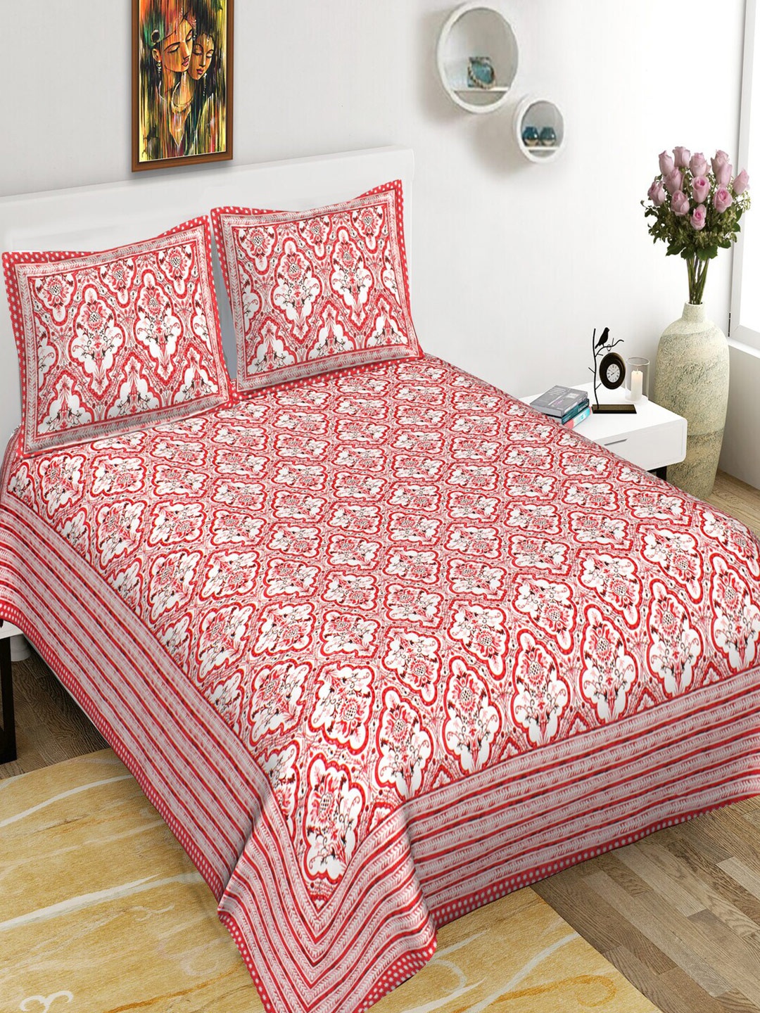 

Qfab Red& White Floral Cotton 144 TC King Bedsheet with 2 Pillow Covers