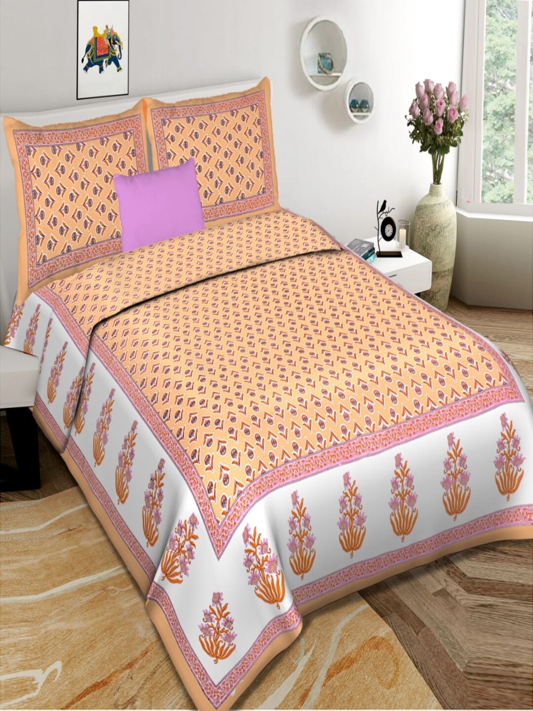 

Qfab Orange& White Floral Cotton 144 TC King Bedsheet with 2 Pillow Covers