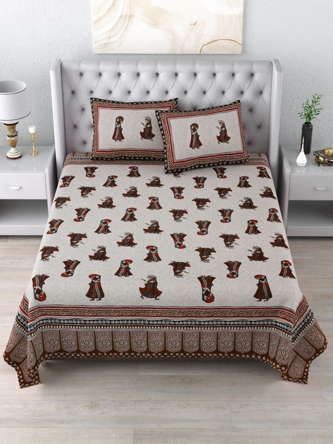 

Qfab Brown& Grey Ethnic Motifs Cotton 144 TC King Bedsheet with 2 Pillow Covers