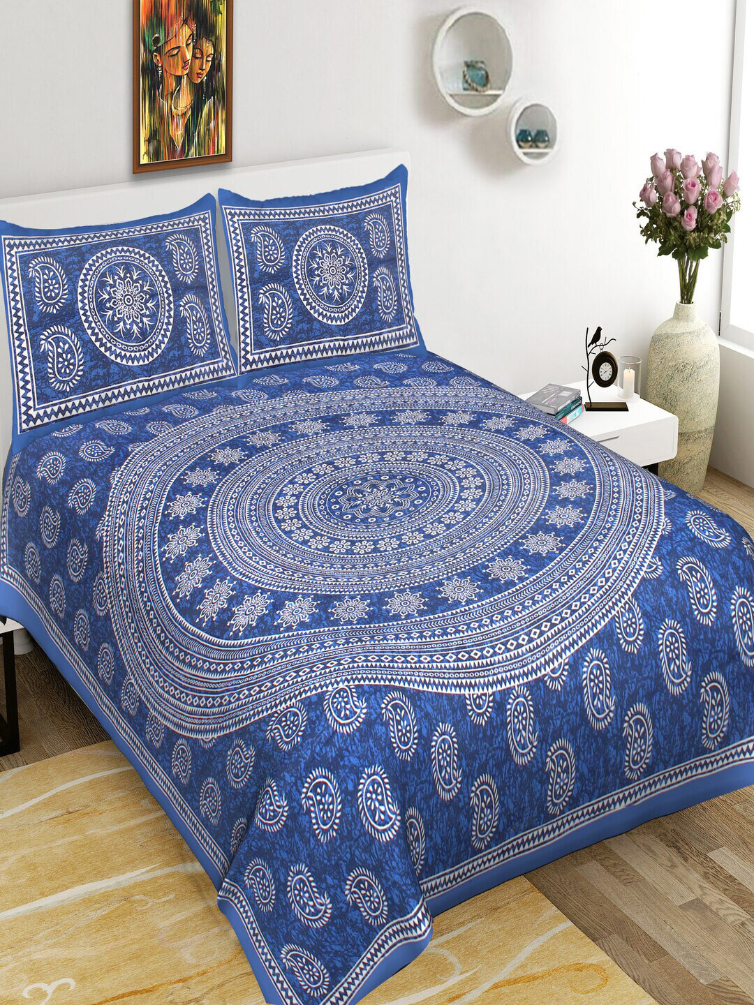 

Qfab Blue& White Geometric Cotton 144 TC Queen Bedsheet with 2 Pillow Covers