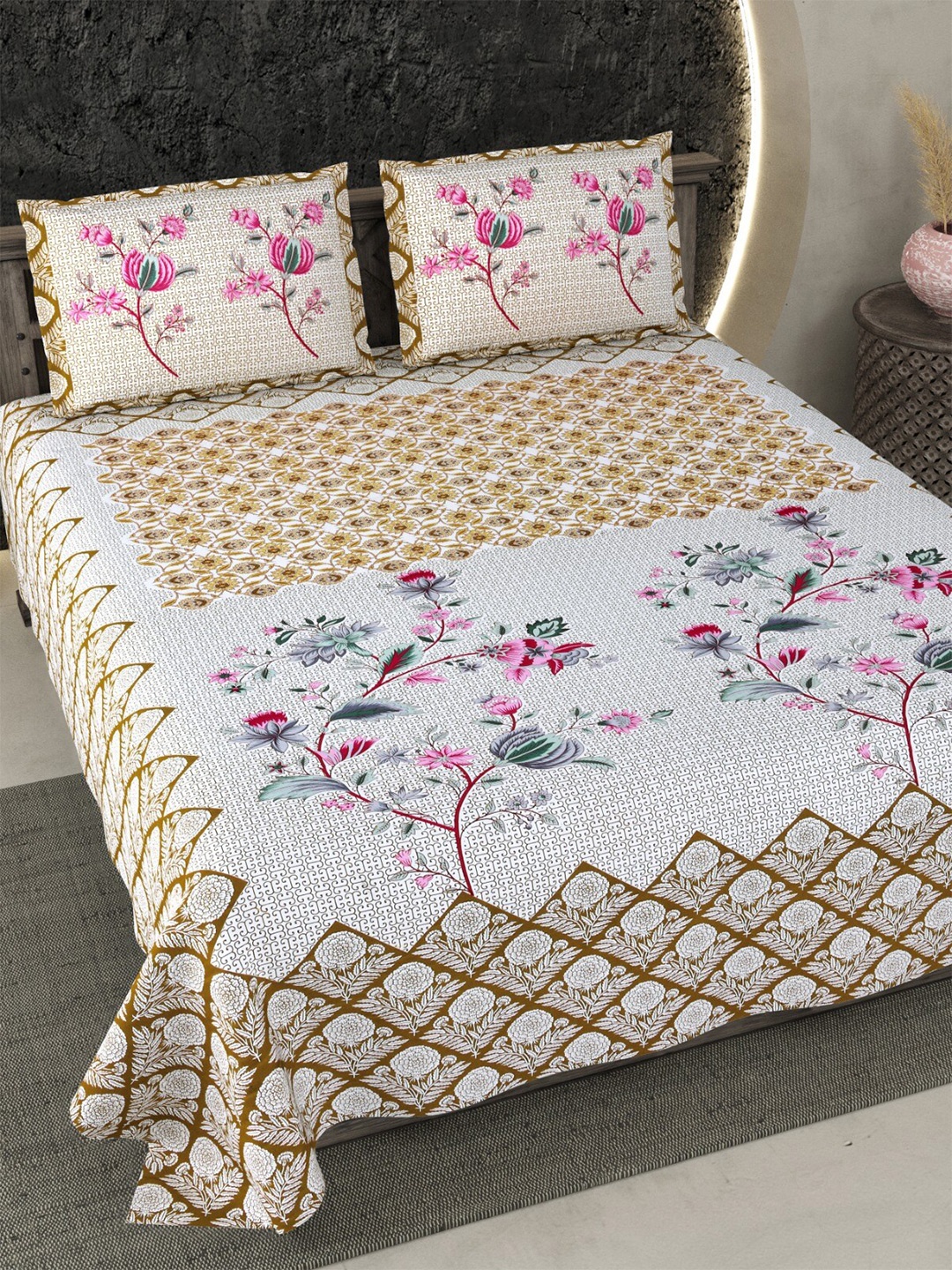 

Qfab Brown& Beige Floral Cotton 144 TC King Bedsheet with 2 Pillow Covers
