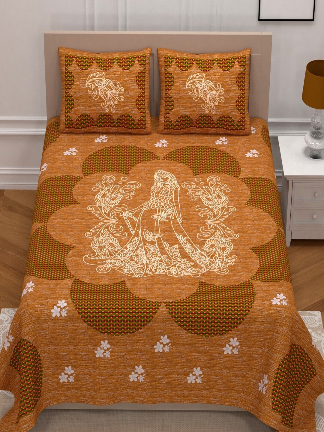 

Qfab Brown& White Ethnic Motifs Cotton 144 TC King Bedsheet with 2 Pillow Covers