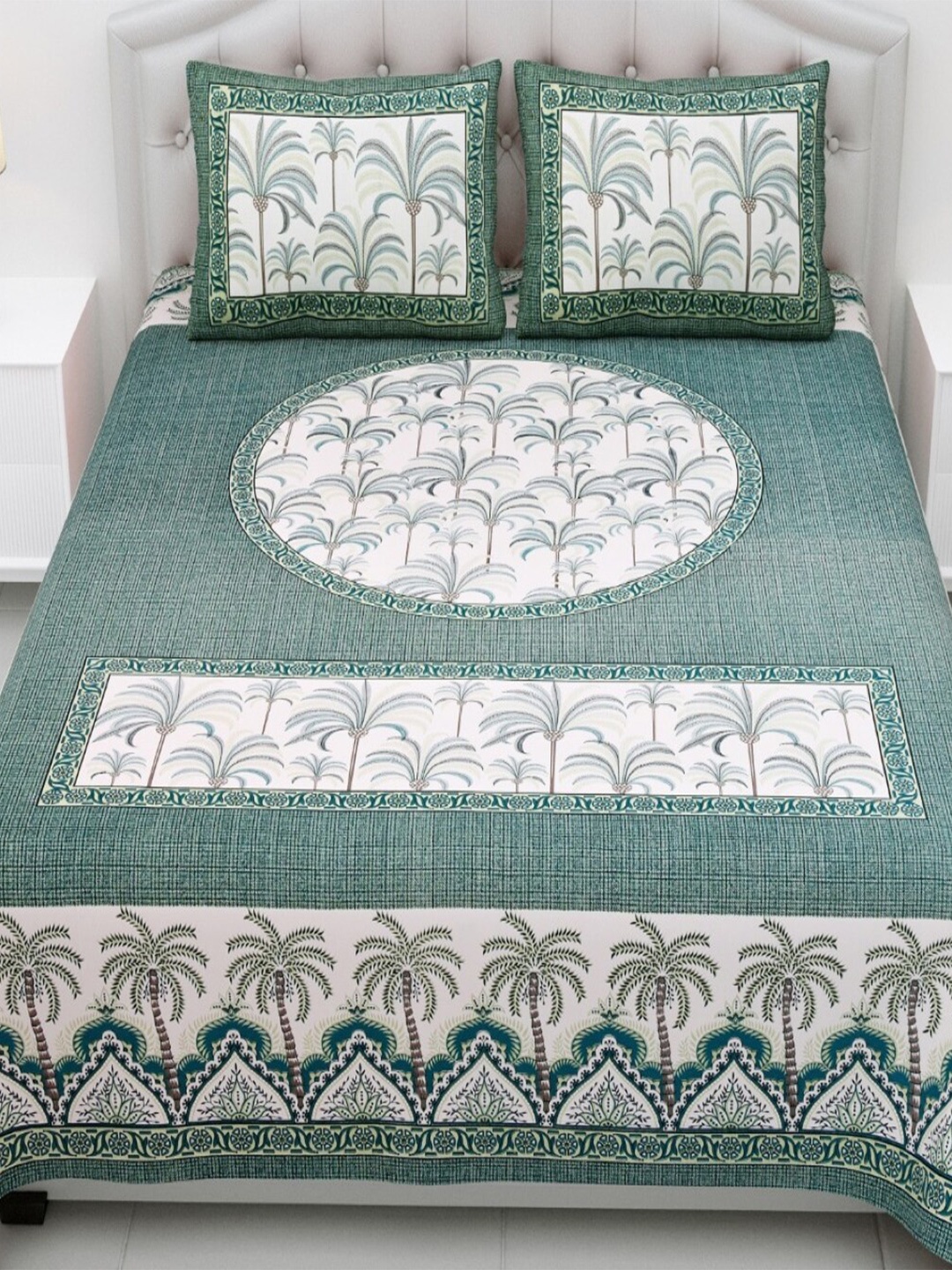 

Qfab Green& White Floral Cotton 144 TC King Bedsheet with 2 Pillow Covers