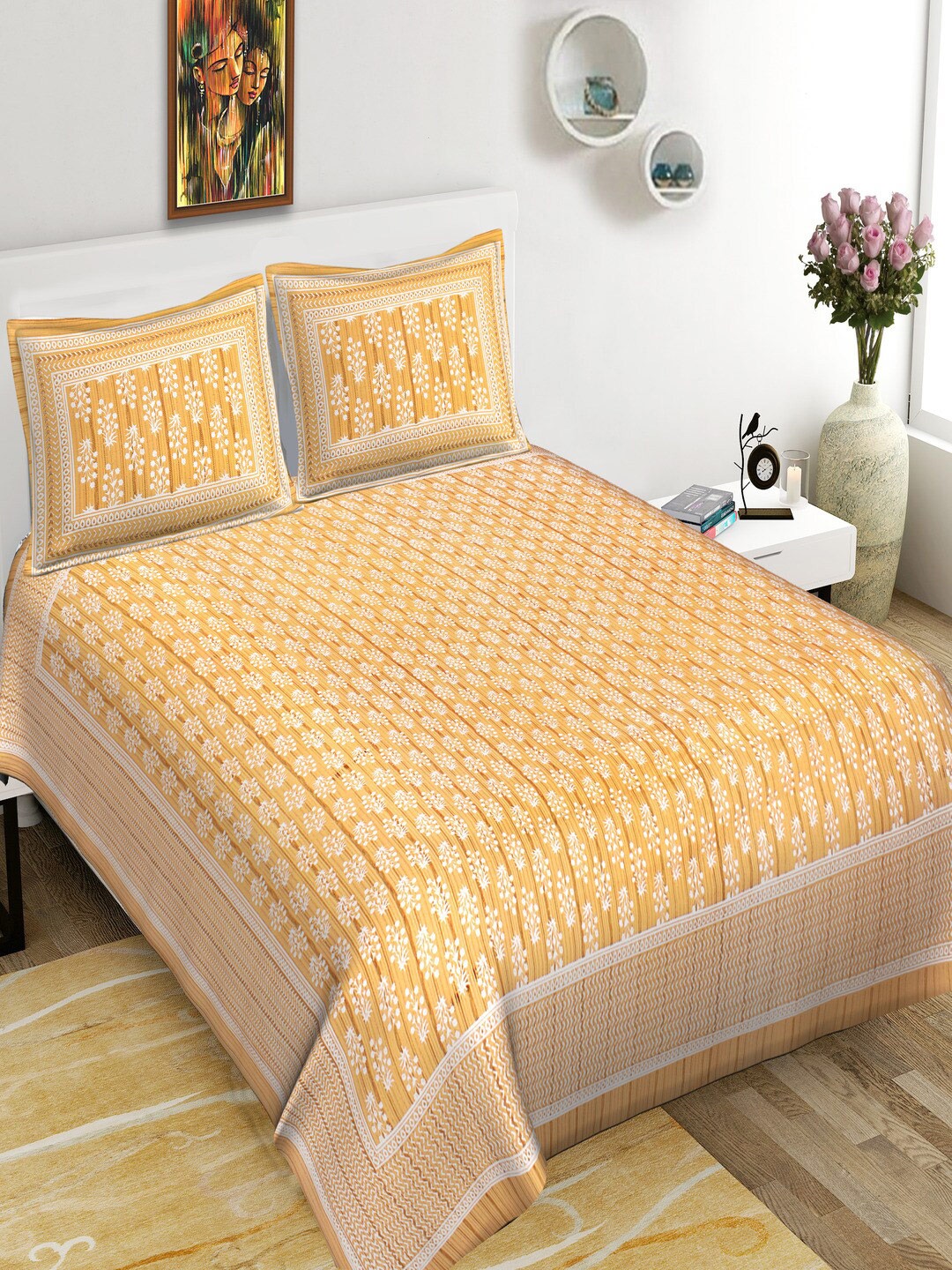 

Qfab Yellow& White Floral Cotton 144 TC King Bedsheet with 2 Pillow Covers