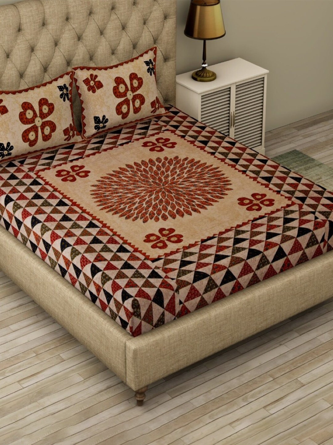 

Qfab Beige & Brown Geometric Cotton 144 TC King Bedsheet with 2 Pillow Covers