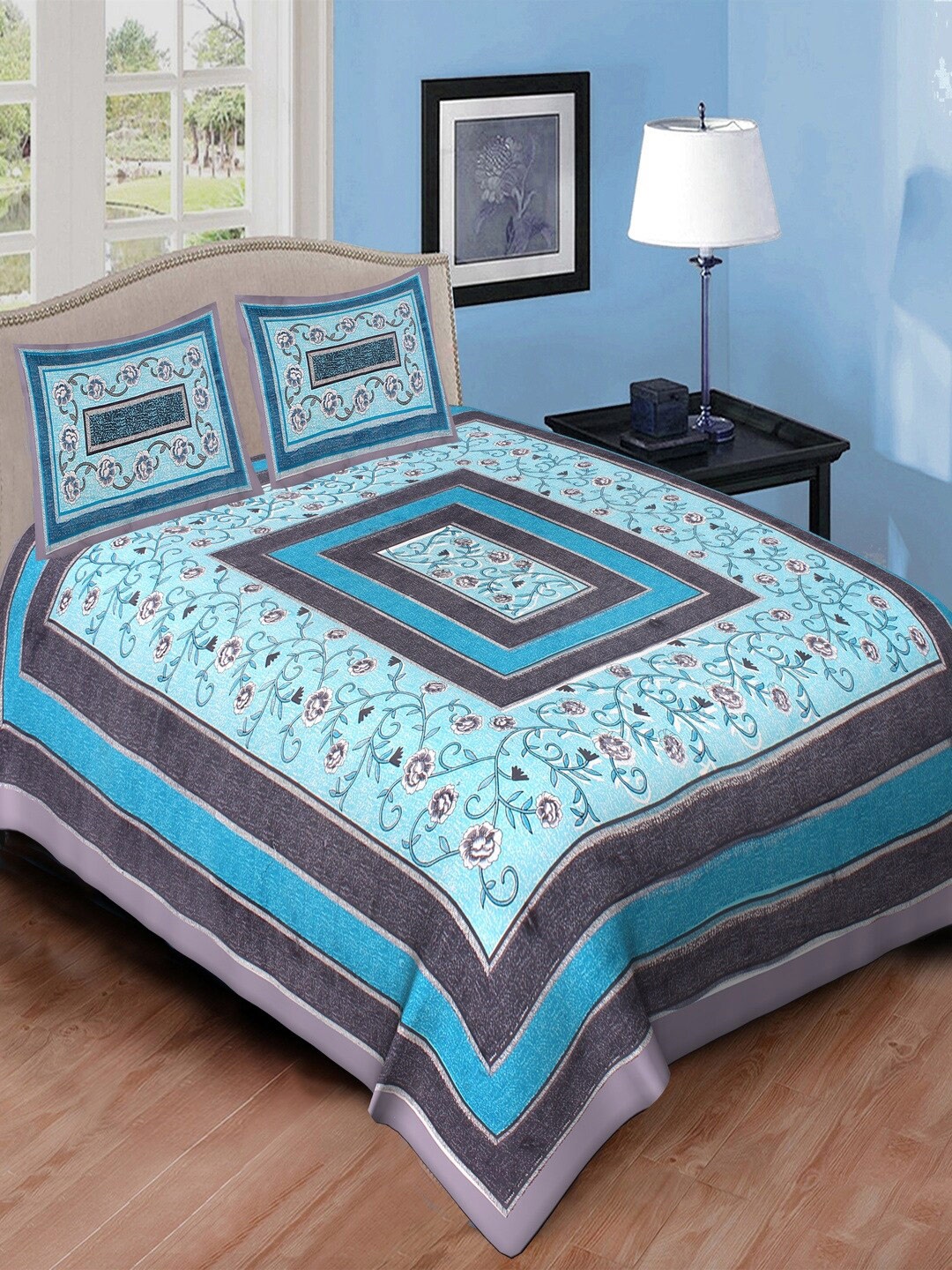 

Qfab Blue Floral Cotton 144 TC Queen Bedsheet with 2 Pillow Covers
