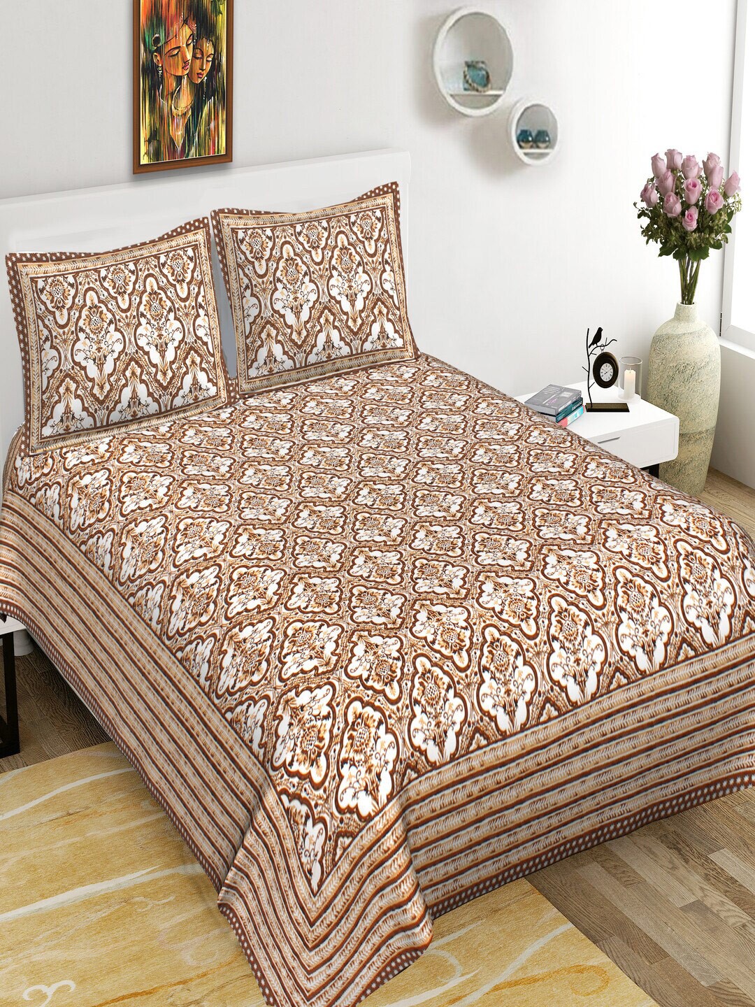 

Qfab Brown & White Floral Cotton 144 TC King Bedsheet with 2 Pillow Covers
