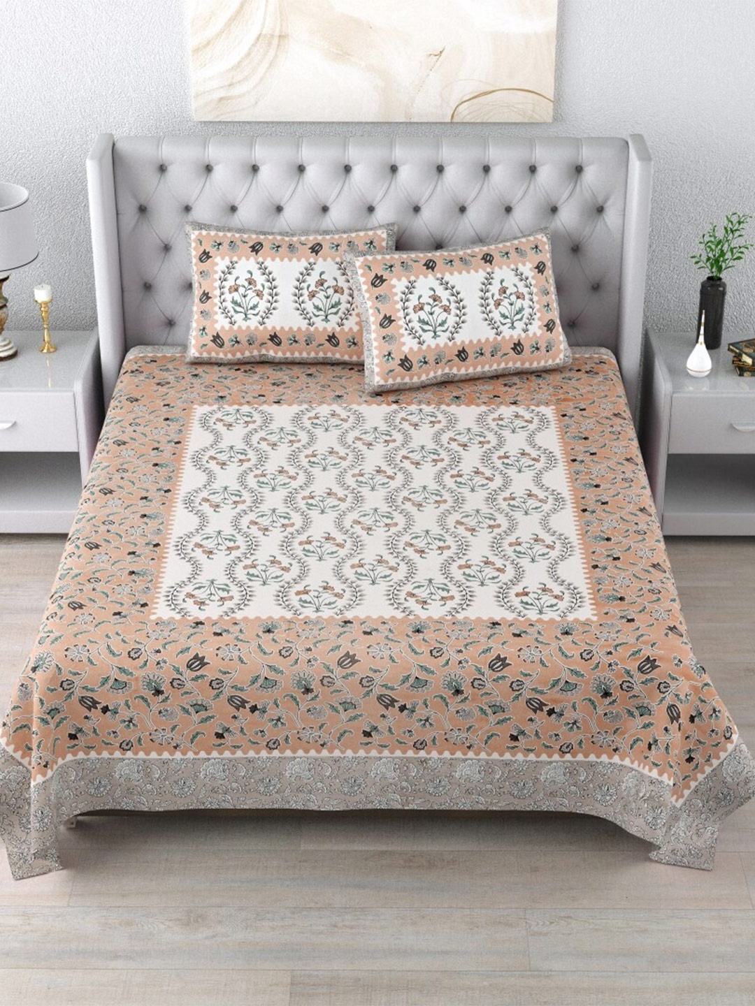 

Qfab Brown & White Floral Cotton 144 TC King Bedsheet with 2 Pillow Covers