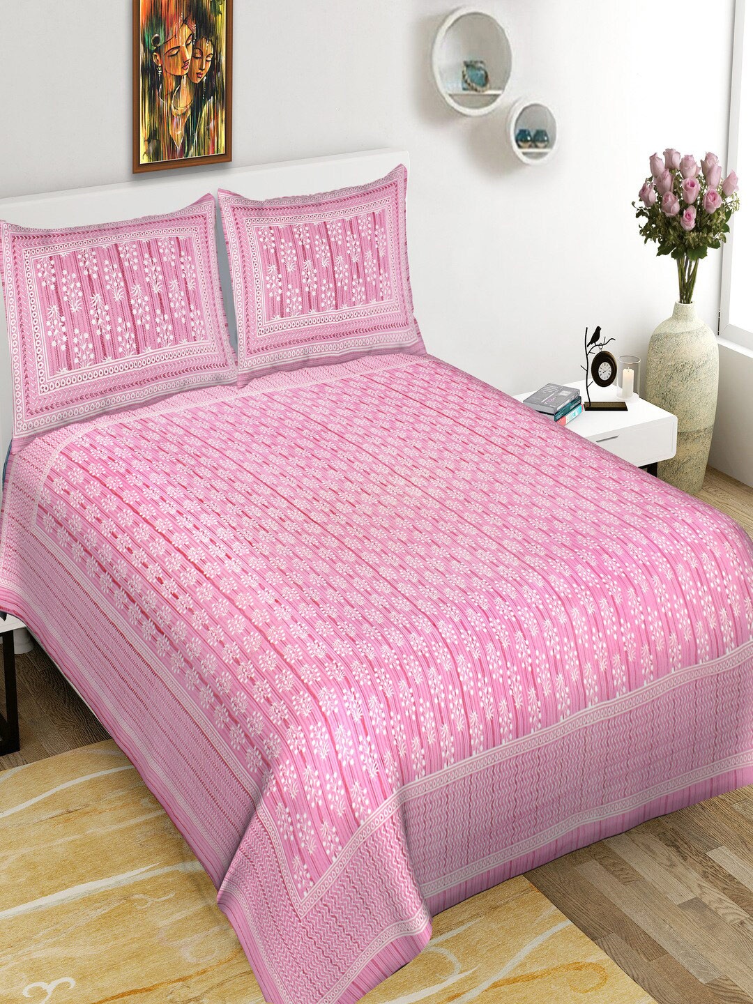 

Qfab Pink & White Floral Cotton 144 TC King Bedsheet with 2 Pillow Covers