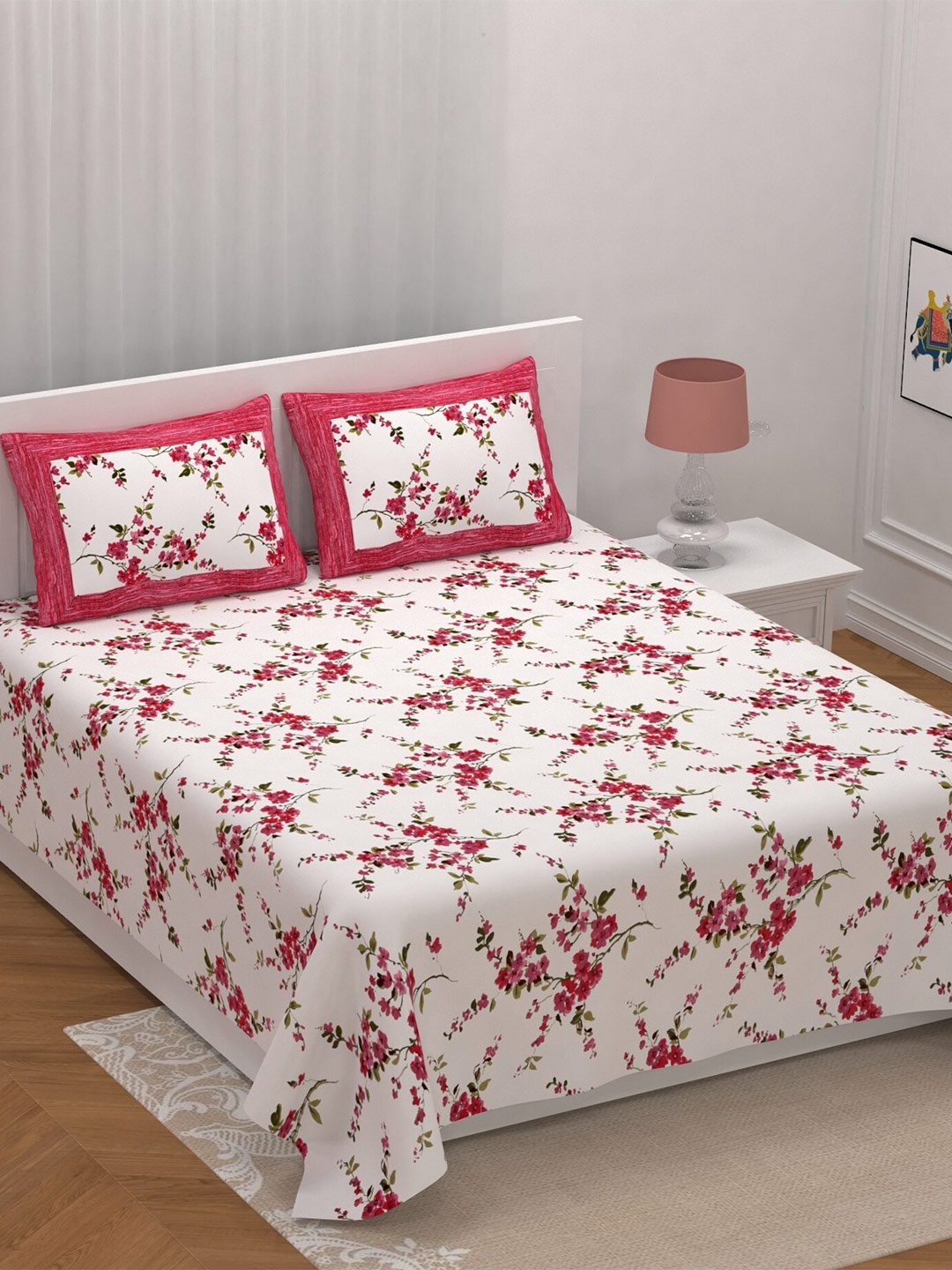 

Qfab White & Pink Floral Cotton 144 TC King Bedsheet with 2 Pillow Covers