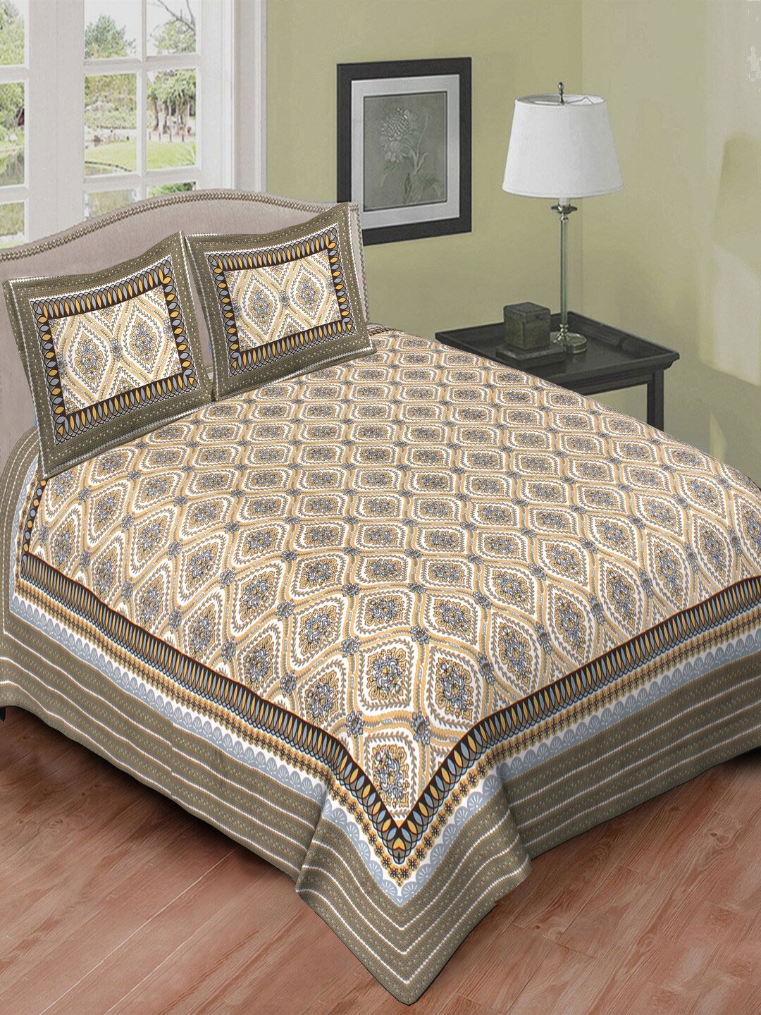 

Qfab White & Yellow Floral Cotton 144 TC Queen Bedsheet with 2 Pillow Covers