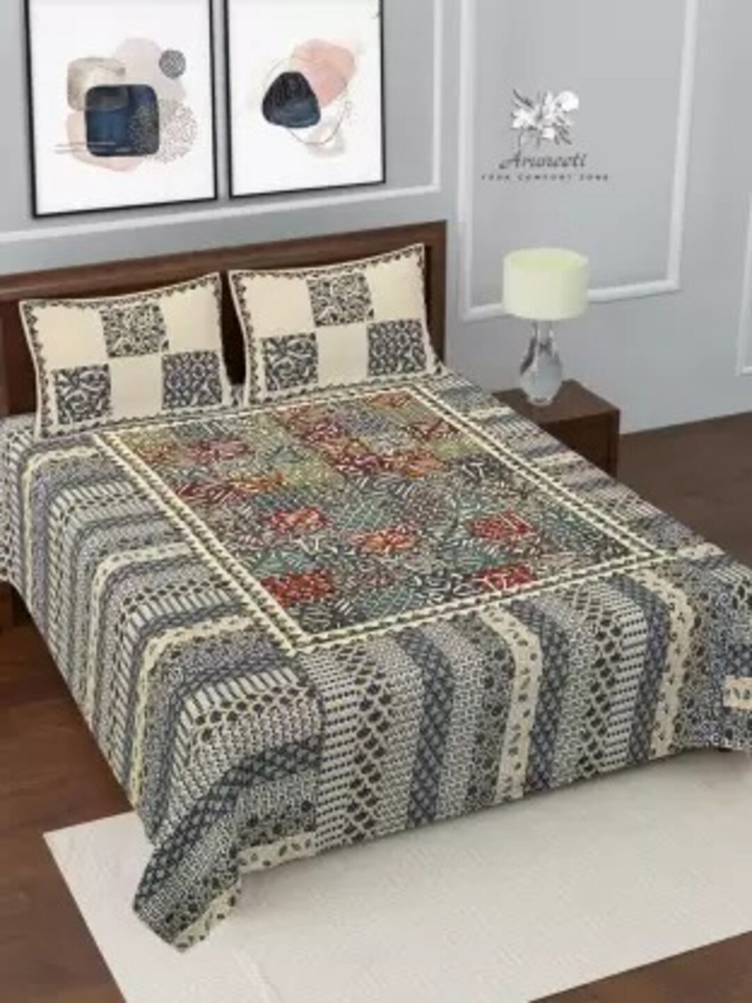 

Qfab Beige & Grey Abstract Cotton 144 TC King Bedsheet with 2 Pillow Covers