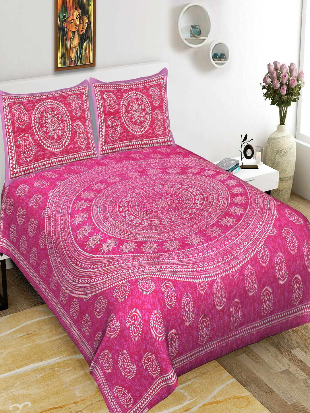 

Qfab Pink & White Ethnic Motifs Cotton 144 TC Queen Bedsheet with 2 Pillow Covers